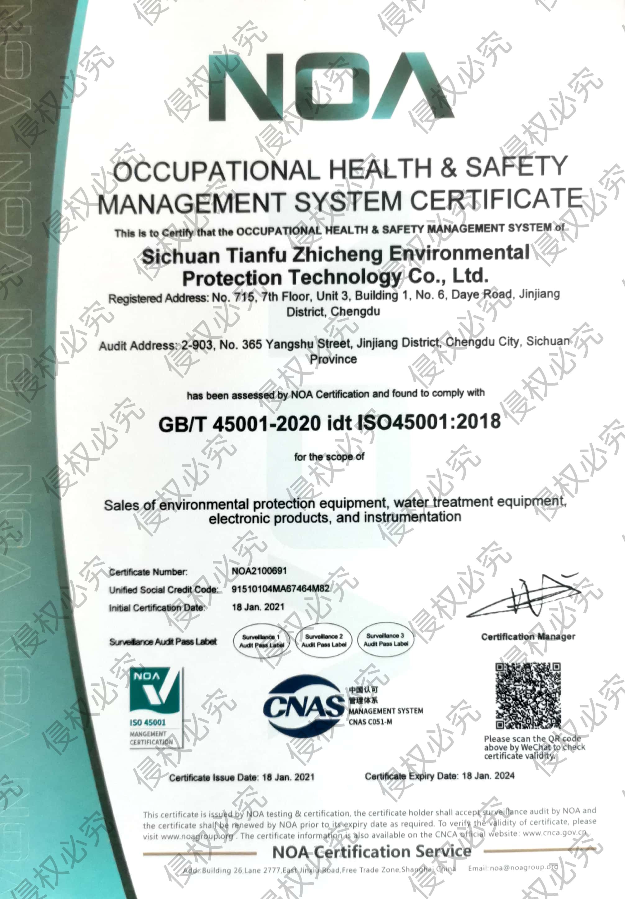 职业健康安全管理体系ISO45001证书英文版